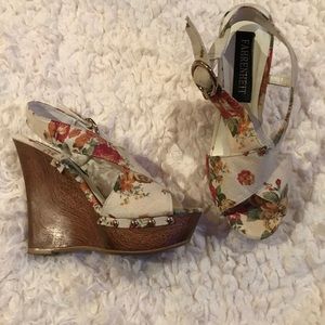 Floral slingback with 5” platform wood wedge